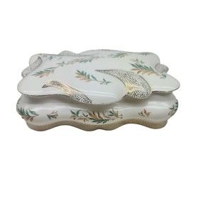 Vintage Ceramic Trinket Box: Ivory with Leaf Design and Gold Accents Signed